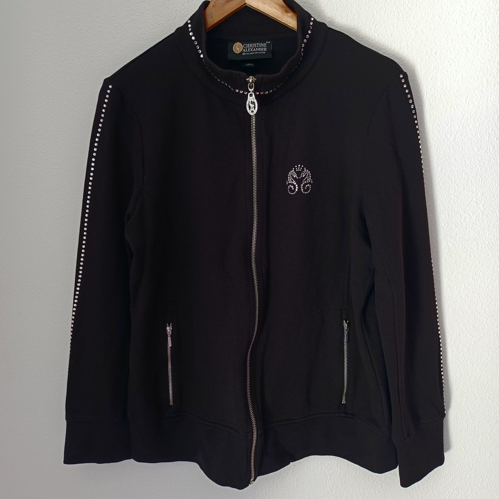Christine Alexander Womens Black Rhinestone Zip Up Jacket Seahorse Logo Large